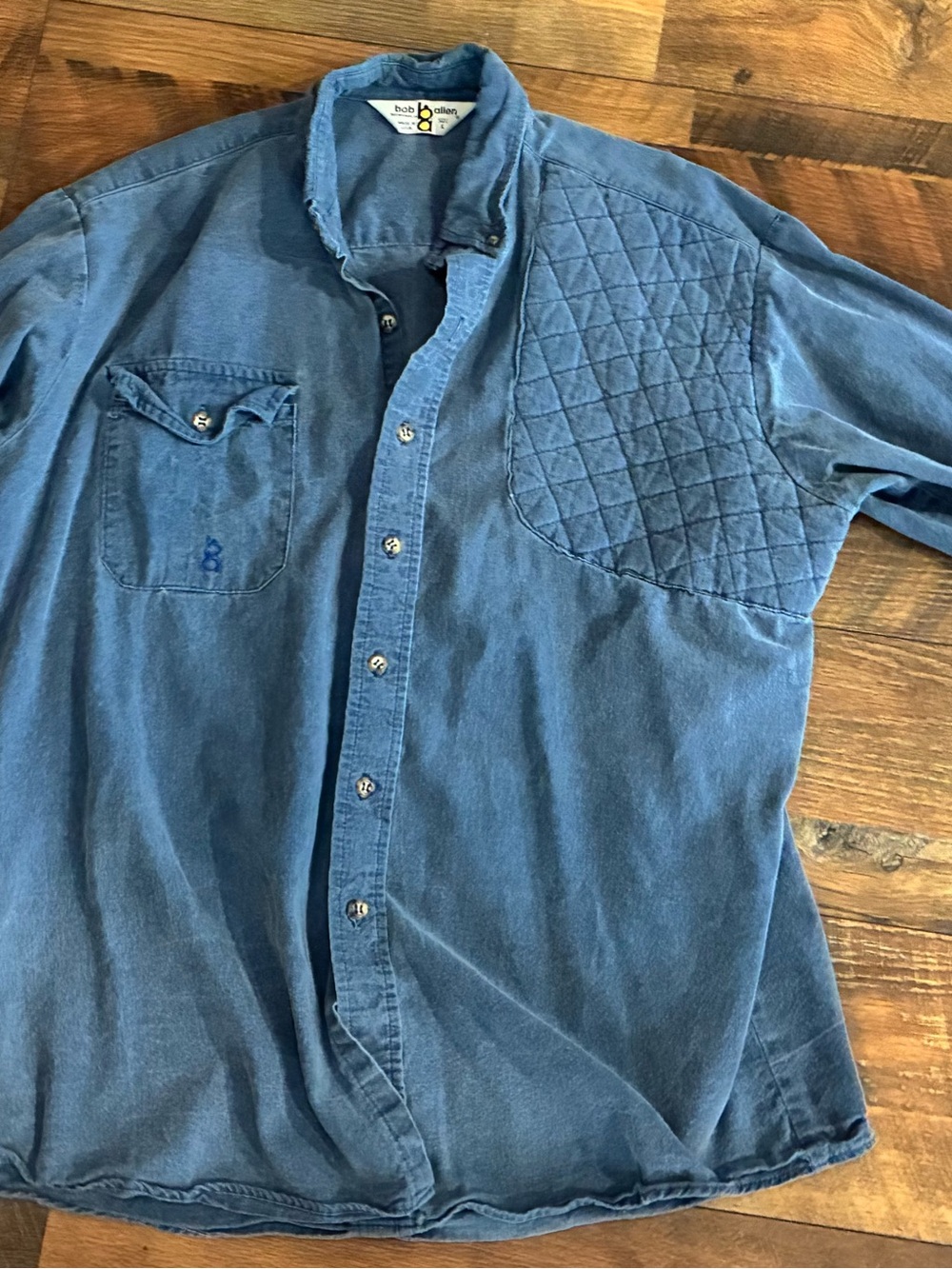 Bob Allen Shooting Shirt Mens Large blue Long Sleeve Shoulder Patch Lightweight